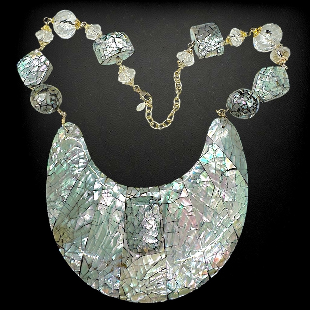 Viktoria Hayman Sterling Silver Abalone Resin & Crystal Beaded Necklace